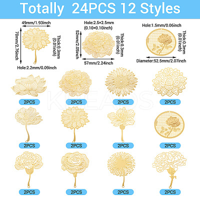 24Pcs 12 Styles Brass Filigree Big Pendants KKC-TA0001-05-1