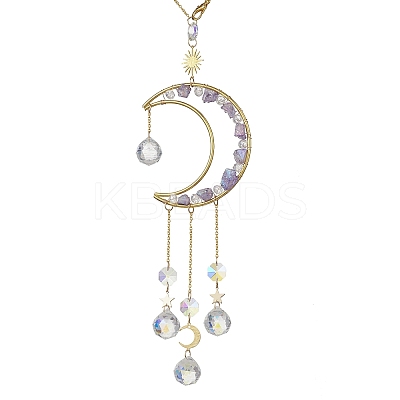 Nuggets Natural Quartz & Brass Moon Hanging Suncatchers HJEW-JM04253-01-1