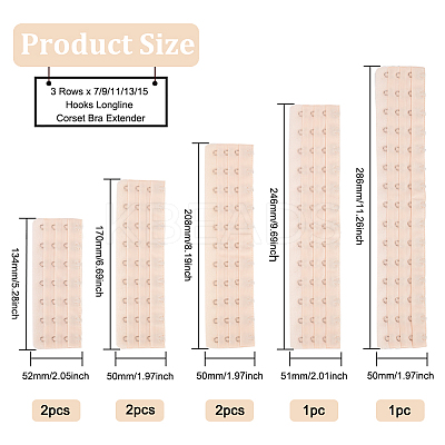 8Pcs 5 Styles Polyester Women's 3 Rows x 7/9/11/13/15 Hooks Longline Corset Bra Extender FIND-BC0004-21B-1