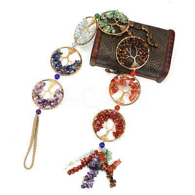 Brass Wire Wrapped Chakra Natural Mixed Stone Chips Tree of Life Suncatchers HJEW-H065-03G-1