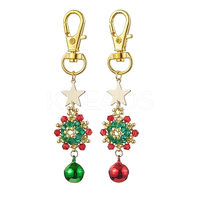 Christmas Wreath Glass Seed Pendant Decorations with Bell HJEW-MZ00077-1