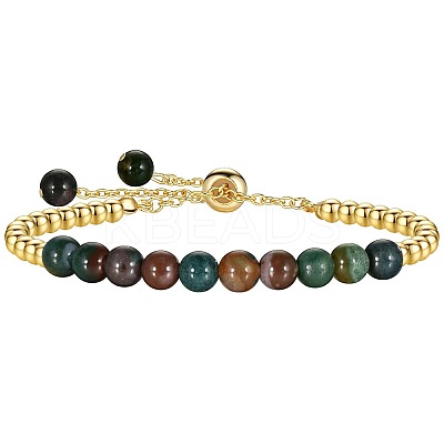 Natural Indian Agate 304 Stainless Steel Round Beaded Adjustable Slider Bracelets for Men Women AW1156-4-1