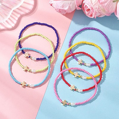 7Pcs Glass Seed Bead Stretch Bracelets with Brass Cross & Imitation Pearl BJEW-MZ00299-1