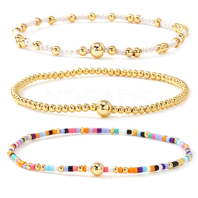 3Pcs 3 Styles Glass Seed Beads & Brass Beads Stretch Bracelets Set for Women VQ8944-5-1