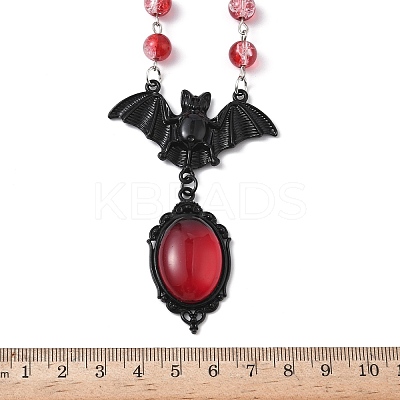 Alloy Red Glass Bat Pendant Round Glass Link Necklaces for Halloween NJEW-H075-02PEB-1