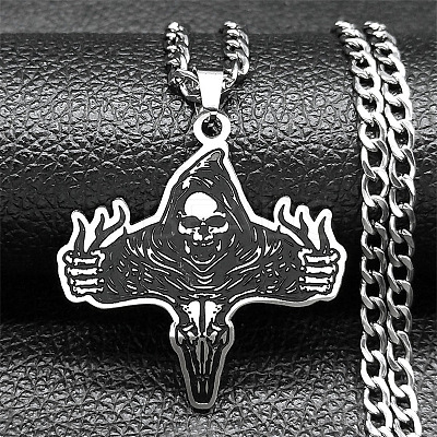 201 Stainless Steel Viking Deer Skull Cross Pendant Twisted Chain Necklaces for Men NJEW-S440-04AS-1