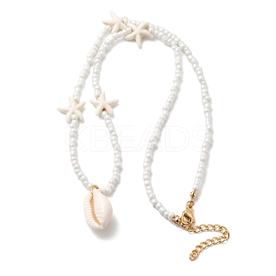 Natural Cowrie Shell Pendant ABS Plastic Starfish Round Beaded Necklaces with 304 Stainless Steel End Chains NJEW-F356-01G-1
