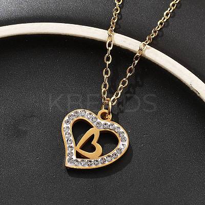304 Stainless Steel Crystal Rhinestone Heart Pendant Cable Chain Necklaces for Women NJEW-Z056-01C-G-1