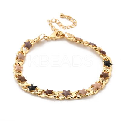 Star Brass Enamel Curb Chain Bracelets for Women BJEW-B125-02G-1