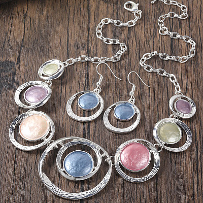 Ring with Flat Round Zinc Alloy Enamel Pendant Necklace & Dangle Earrings Sets FS-WG699A4-05-1