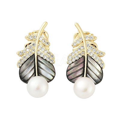 Feather Brass Clear Cubic Zirconia Stud Earrings KK-D301-12G-1