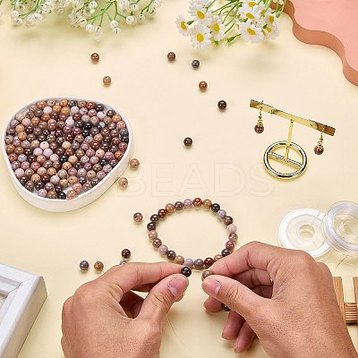 100Pcs Natural Petrified Wood Round Bead with Strong Stretchy Beading Elastic Thread G-SZ0002-28-1