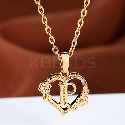 Brass Rose Flower Heart with Letter Pendant Cable Chain Necklaces FS-WG42461-16-1