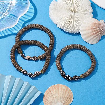 Natural Coconut Rondelle Beaded Stretch Bracelets BJEW-JB10250-01-1