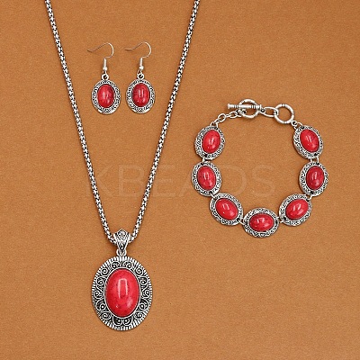 Oval Alloy with Synthetic Turquoise Pendant Necklaces & Dangle Earrings & Link Bracelets Sets WGD1135-07-1