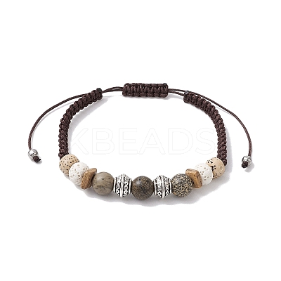 Round Lava Rock & Wood Braided Beads Bracelets BJEW-JB10991-1