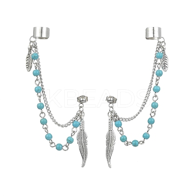 Tibetan Style Alloy Feather Stud Earrings with Ear Cuff EJEW-TA00301-1