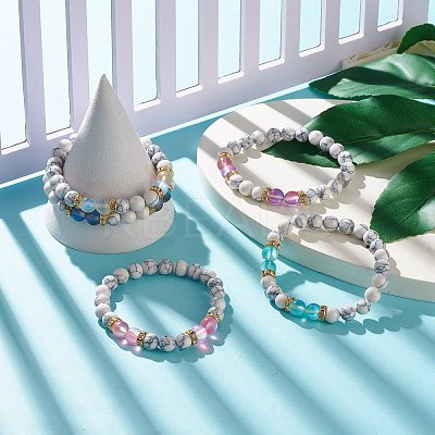 Synthetic Moonstone & Howlite Round Beaded Stretch Bracelet BJEW-JB07878-1