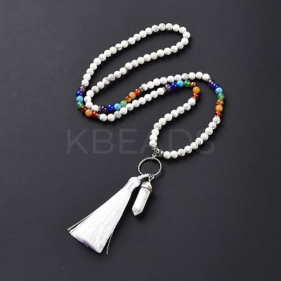 Natural Howlite Bullet & Tassel Pendant Necklace with Mixed Gemstone Beaded Chains NJEW-E585-02H-1