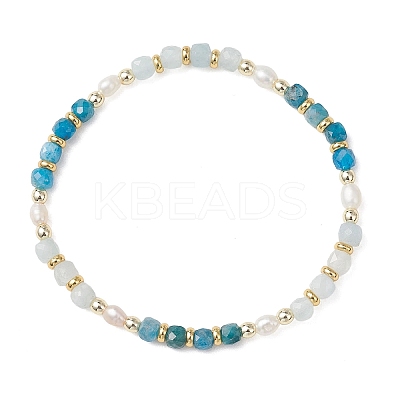 Natural Aquamarine & Natural Apatite Cube Beaded Stretch Bracelets for Women BJEW-JB13390-02-1