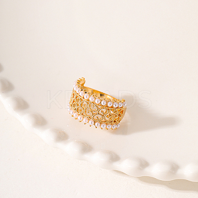 Hollow Brass with ABS Imitation Pearl Beads Wide Band Rings for Women OP9708-2-1