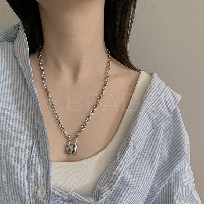 Lock 304 Stainless Steel Pendant Cable Pendant Necklaces FS-WGE7469-01-1
