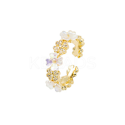 Flower Brass Micro Pave Clear Cubic Zirconia Cuff Rings for Women FS-WG9A424-01-1