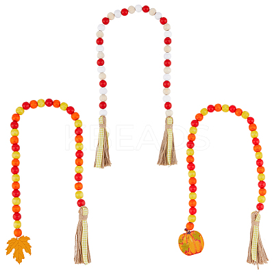 Natural Wood Beaded Pendant Decorations with Tassel Hemp Rope HJEW-AB00040-1