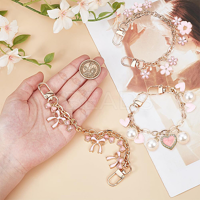 3Pcs 3 Styles Bowknot Heart Heart Pink Zinc Alloy Enamel Tassel Cable Chain Purse Chains FIND-BBC0004-56-1