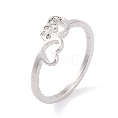 304 Stainless Steel with Rhinestone Heart Finger Ring for Women RJEW-C086-11-P-1