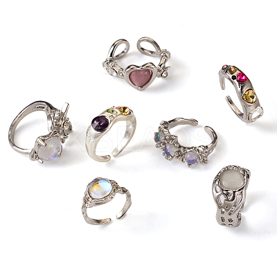 7Pcs 7 Style Rhinestone Heart & Star & Half Round Open Cuff Rings Set with Cat Eye Beaded RJEW-TA0001-03-1