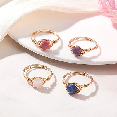 Golden Tone Copper Wire Wrapped Natural Gemstone Finger Rings RJEW-JR00983-1
