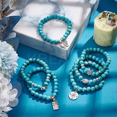 6Pcs 6 Style Synthetic Turquoise Round Beaded Stretch Bracelets Set BJEW-AN0001-20-1