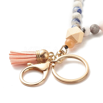 Wood & Gemstone Beaded Bracelet Wristlet Keychains KEYC-JKC00299-1