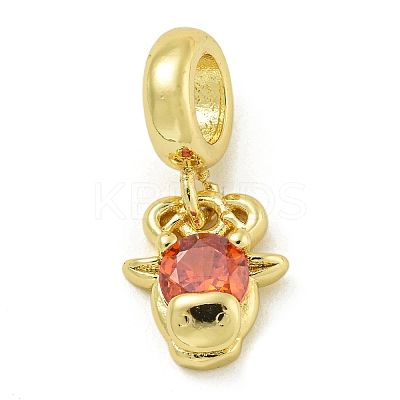 Rack Plating Brass Pave Orange Red Cubic Zirconia Cattle Head European Dangle Charms KK-Z067-47G-1