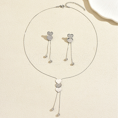 201 Stainless Steel Heart Lariat Necklace & Earrings Set for Women AF6640-1