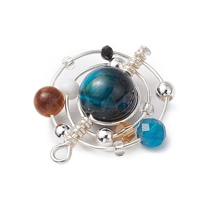 4Pcs 4 Colors Natural Tiger Eye(Dyed/Undyed) Copper Wire Wrapped Planet Pendants PALLOY-TA00180-1