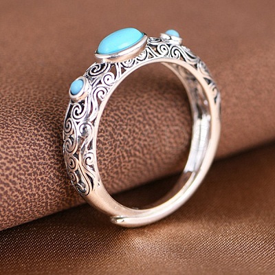 Adjustable Synthetic Turquoise with 925 Sterling Silver Finger Rings RJEW-C155-06-1