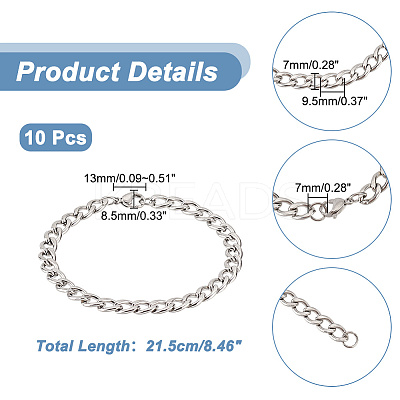 10Pcs Unisex 304 Stainless Steel Curb Chain/Twisted Chain Bracelets Set STAS-UN0048-40-1