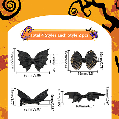 8Pcs 4 Style Halloween Theme Bat & Bowknot Imitation Leather Alligator Hair Clips & Hair Barrettes PHAR-WR0001-01-1
