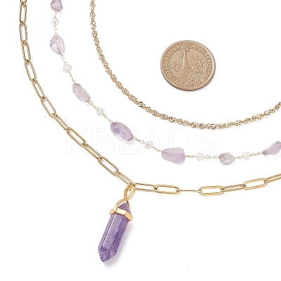 Natural Amethyst Double Terminated Pointed Bullet Pendant 304 Stainless Steel & Brass Chain 3 Layer Necklaces for Women NJEW-JN05477-01-1
