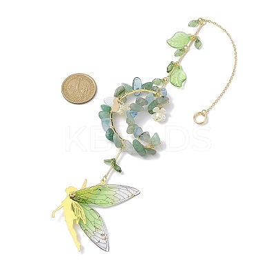 Wire Wrapped Natural Green Aventurine & Aquamarine Chip & Brass Moon Hanging Ornaments HJEW-TA00216-1