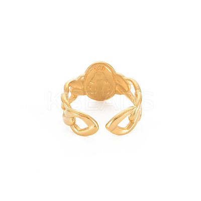 Ion Plating(IP) 304 Stainless Steel Flat Round with Virgin Mary Open Cuff Ring for Women RJEW-S405-176G-1