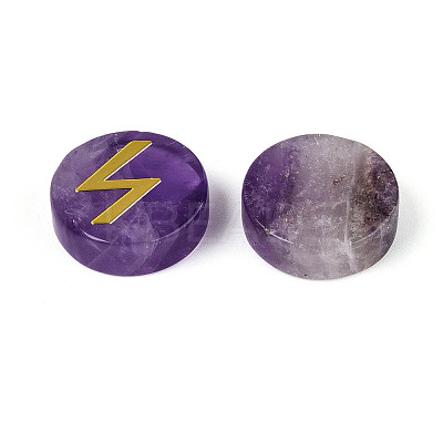 Brass Elder Futhark Alphabet Engraved Symbol Flat Round Natural Amethyst Rune Stones G-I373-01M-1