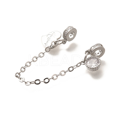 Brass Clear Cubic Zirconia European Safety Chains with Heart Charms KK-C085-15P-1