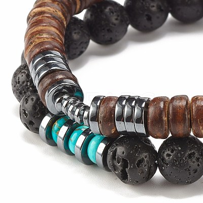 2Pcs 2 Style Natural Coconut & Gemstone Stretch Bracelets Set BJEW-JB07938-1