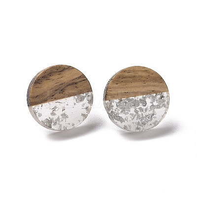 Resin & Walnut Wood Flat Round Stud Earrings with 304 Stainless Steel Pin for Women EJEW-N017-010B-01-1