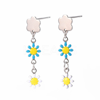 Enamel Flower Long Dangle Stud Earrings EJEW-N049-04A-1