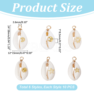 60Pcs 6 Styles Natural Cowrie Shell Pendants PALLOY-ME00013-1