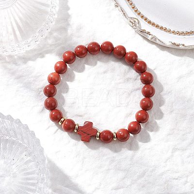 Natural Red Jasper Cross Round Beaded Stretch Bracelets for Men Women BJEW-JB12258-02-1